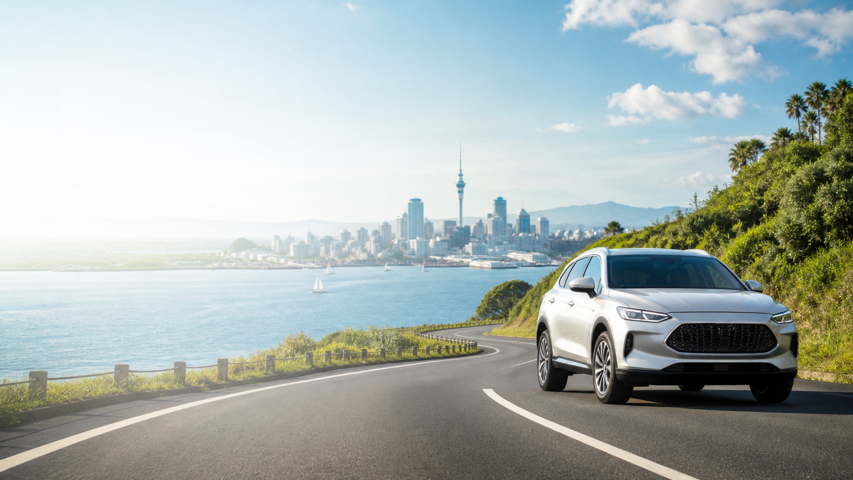 White SUV on a scenic Auckland coastal road with harbour, skyline, and green hills