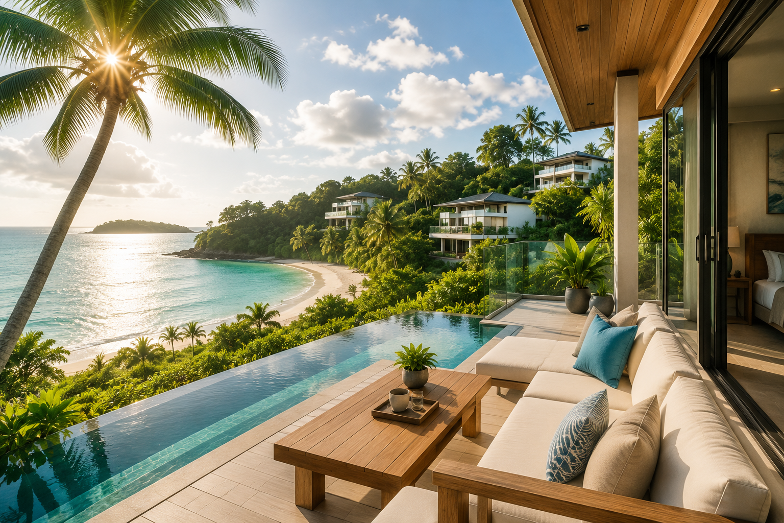 Luxury tropical short-stay villa terrace overlooking a beach